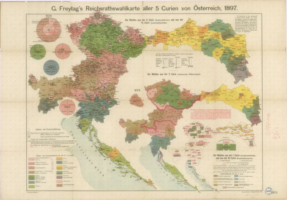 G.Freytag´s Reichsrathswahlkarte aller 5 Curien von Österreich, 1897