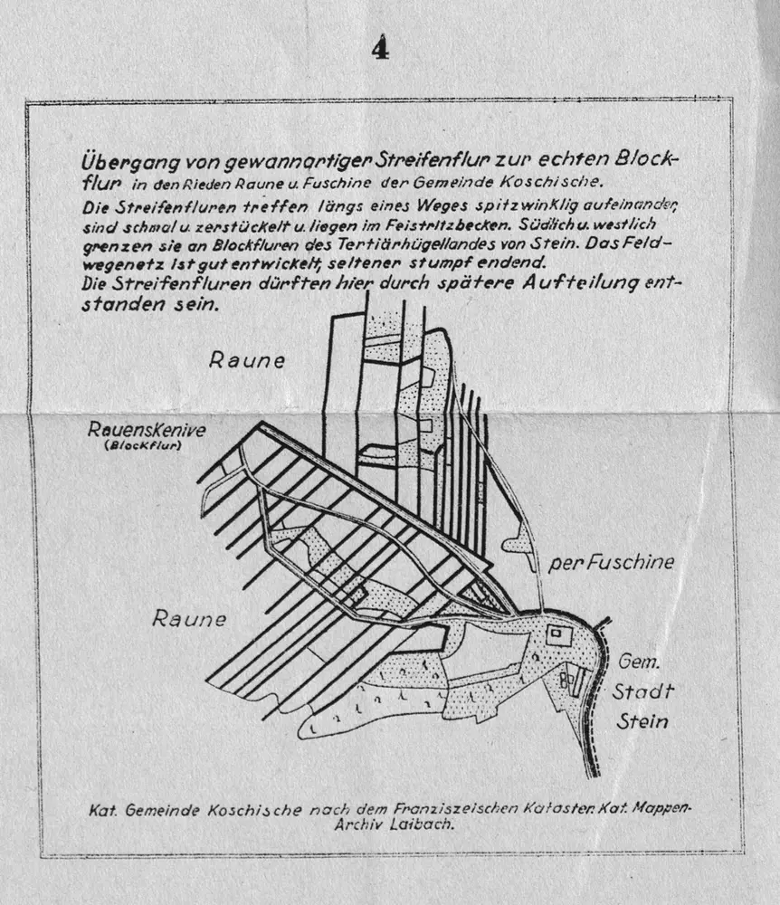 Übergang von gewannartiger Streifenflur zur echten Blockflur in den Rieden Raune u. Fuschine der Gemeinde Koschische