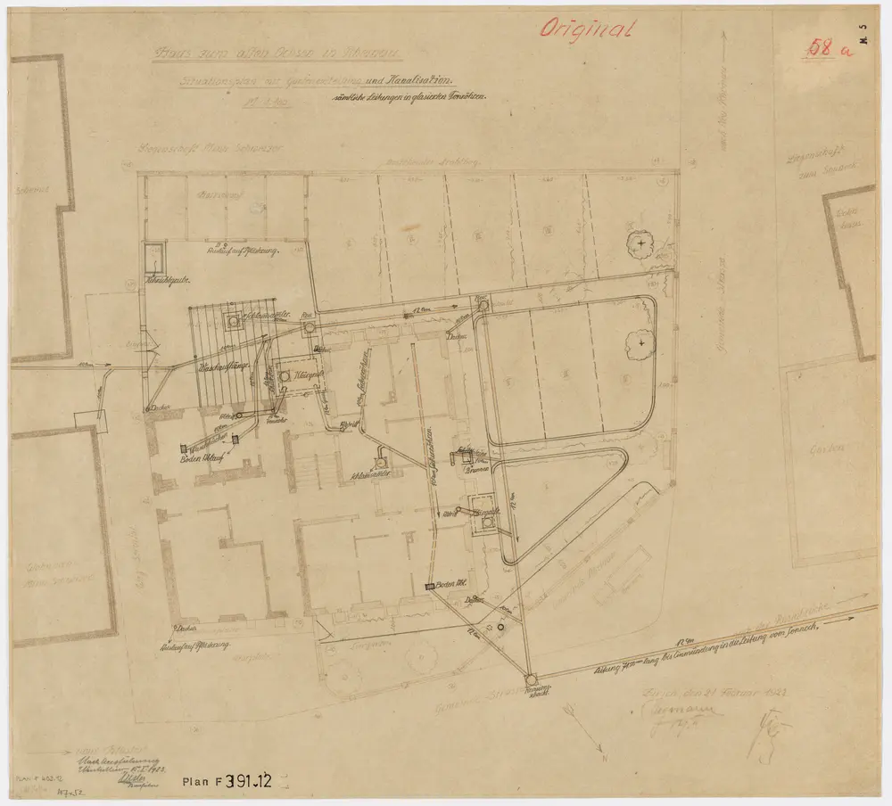 Gemeinde Rheinau: Haus zum alten Ochsen: Gartenleitungen und Kanalisation; Situationsplan