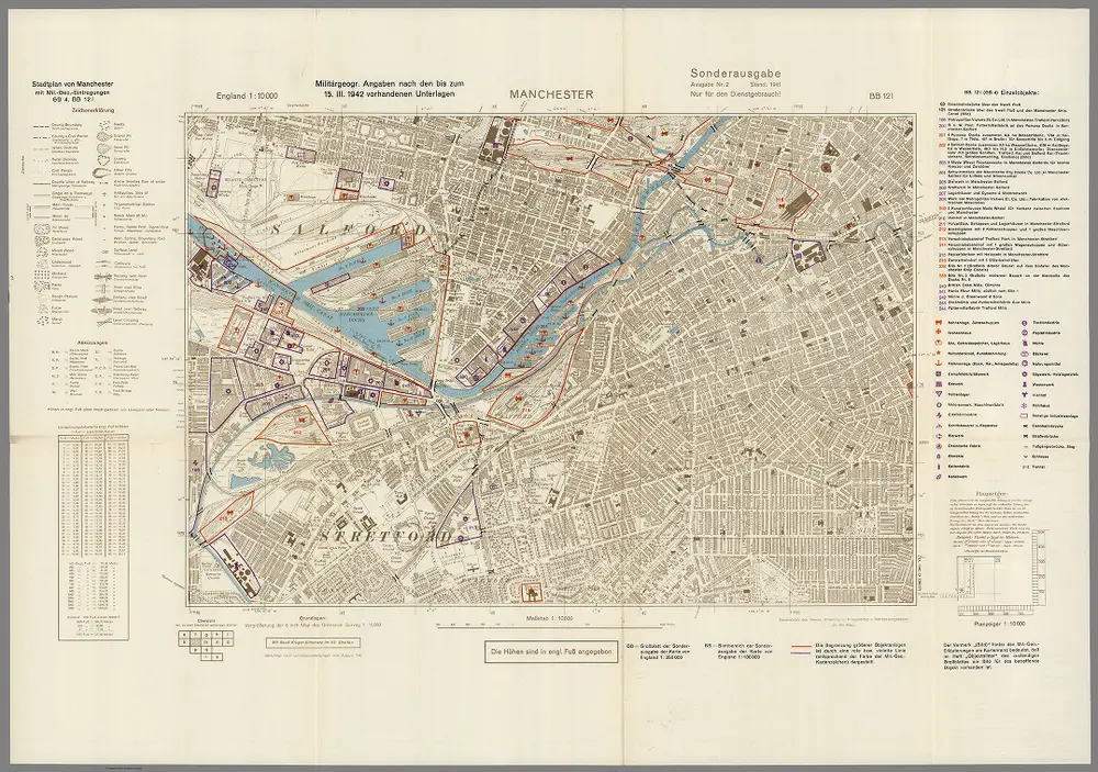 Street Map of Manchester, England with Military-Geographic Features.  BB 12l.