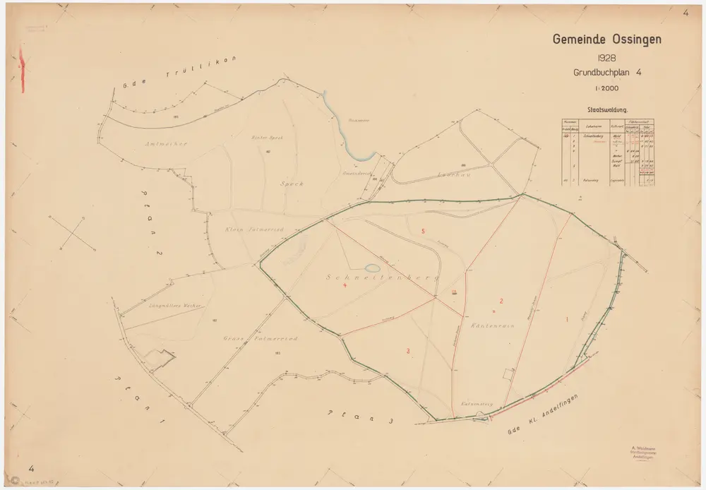 Ossingen: Gemeinde- und Staatswaldungen: Staatswaldungen Schneitenberg, Chäntenrain (Käntenrain), Chatzenstig (Katzensteig); Grundriss