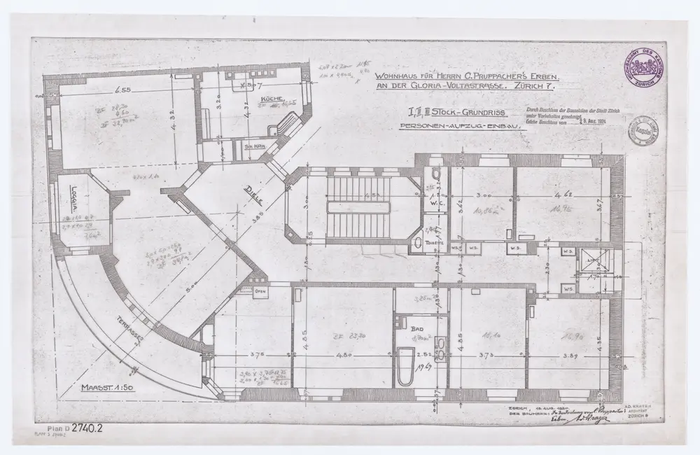 Wohnhaus für die Erben von C. Pruppacher, Voltastrasse 1: Grundrisse: Lifteinbau, 1. bis 3. Stock; Grundriss