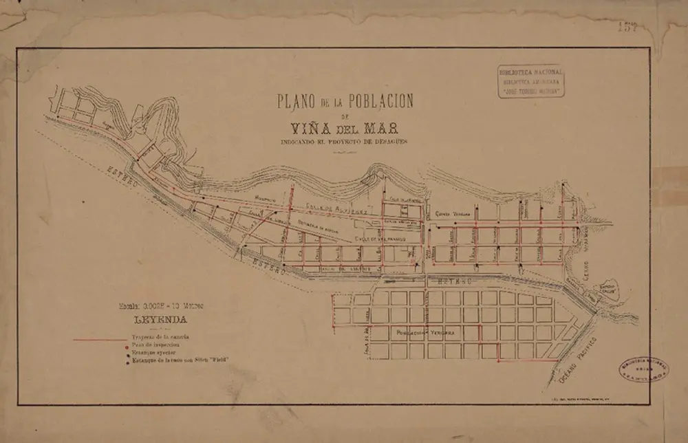 Plano de la Población de Viña del Mar Indicando el proyecto de desagües