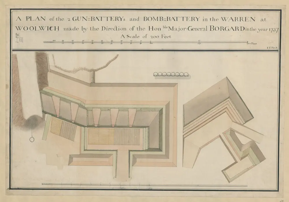 A PLAN of the GUN-BATTERYs and BOMB-BATTERY in the WARREN at WOOLWICH made by the Direction of the Hon ble Major-General BORGARD in the year 1737.