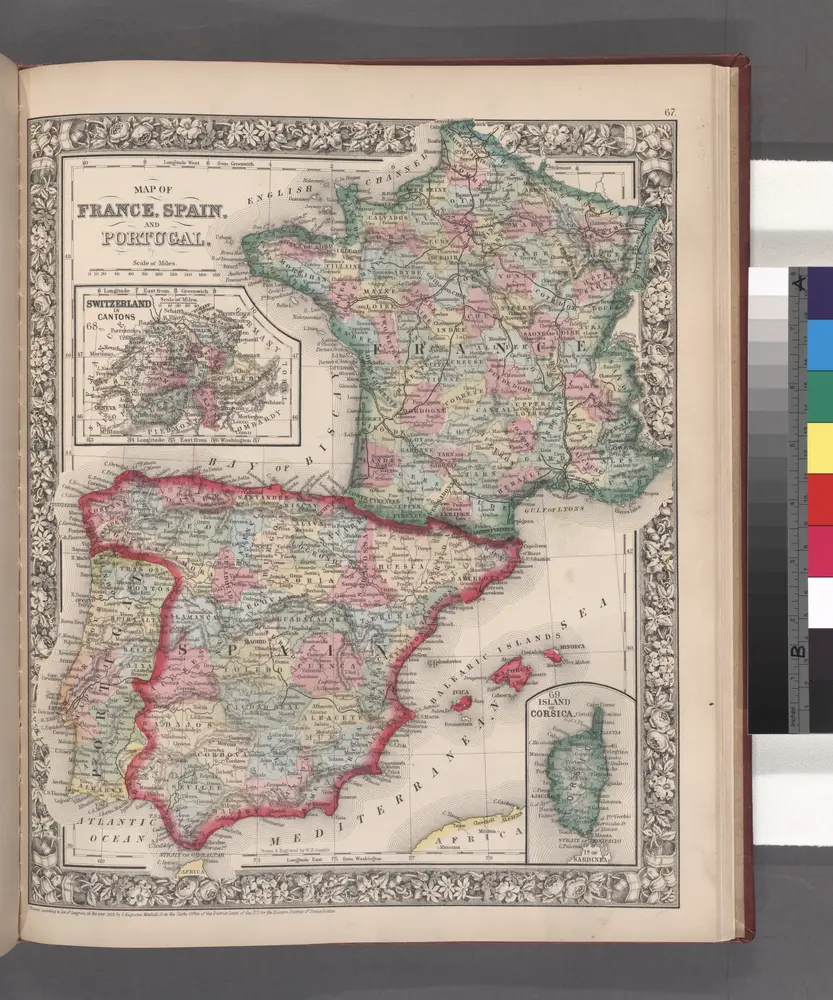 Map of France, Spain, and Portugal; Switzerland in cantons [inset ...