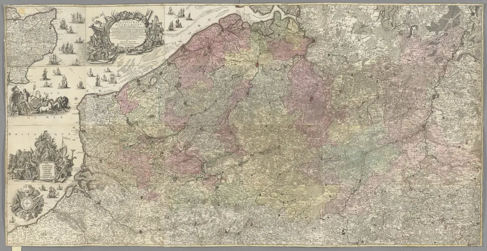 LES PROVINCES DES PAIS BAS AUTRICHIENS CONTENENTS EN XXIV. FEUILLES LES COMTÉES D'ARTOIS, DE FLANDRES, DE HAINAUT, DE NAMUR, ET LES DUCHÉES DE LUXEMBOURG, DE LIMBOURG, DE GUELDRE, ET DE BRABANT, DIVISÉES DANS SES BAILLAG: CHATELLANIES, QUARTIERS OU SEIGNEURIES, AVEC UNE PARTIE DE LA FRANCE D'ANGLETERRE ET DU CANAL.