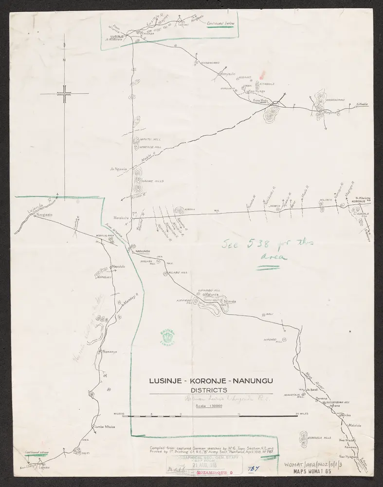 Area between Rivers Zambesi & Ruvuma. Compass traverses  - War Office ledger. Lithographs. Printed by 1st. Printing Co. R.E. "B" Army Section, 1918.