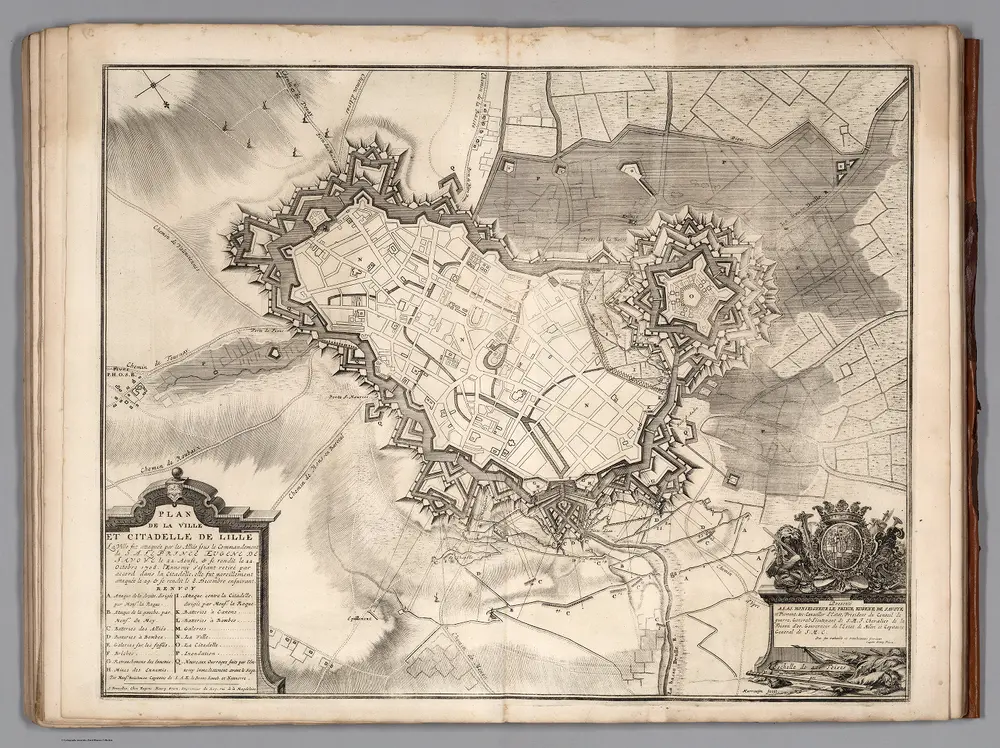 37.  Plan de la Ville & Citadelle de Lille, Belgium, avec les Attaques.  1708.