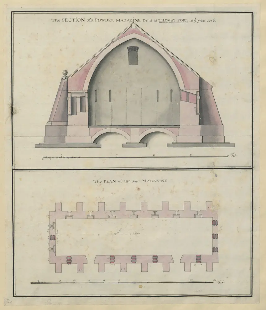 A colored plan of a powder magazine, built at Tilbury Fort, 1716, being one of the two at the landward side; drawn on a scale of 10 feet to an inch; with a transverse section, on a scale of 4 feet to an inch.