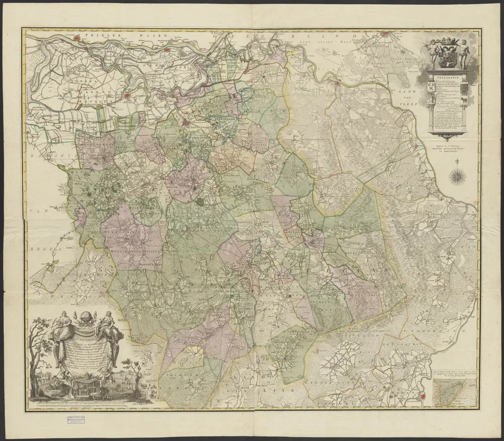 Kaart figuratief van het grootste gedeelte van Bataasch Braband bevattende de Meyerye van 's Bosch bestaande in de vier quartieren van Peelland, Kempeland, Oisterwyk en Maasland, stadt Grave en t Land van Kuyk en een gedeelte van de Baronnie van Breda benevens een gedeelte van Holland bevattende de Landen van Heusden, Altena, de Langestraat & den Bommellerwaard en een verder gedeelte van de provintie Gelderland, het Land van Kessel en meer andere landen en plaatsen