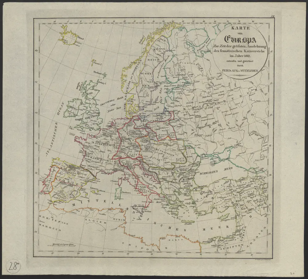 [Geschichtlich-geographischer Atlas von Europa :] XII. Karte von Europa zur Zeit der grössten Ausdehnung des französischen Kaiserreichs im Jahre 1812