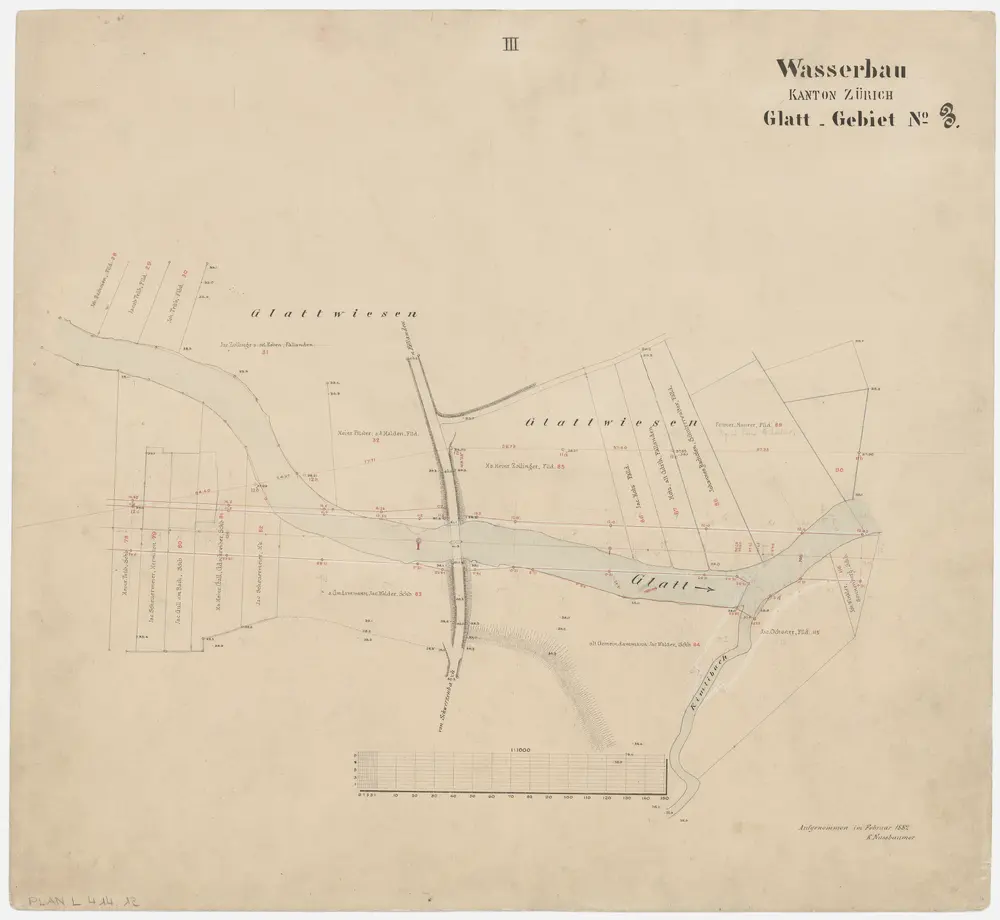 Fällanden bis Wallisellen: Greifensee bis zum Neugut in Wallisellen, projektierte Glattkorrektion; Grundrisse (Glatt-Gebiet Nr. 3): Blatt III: Glatt bei den Glattwiesen in Schwerzenbach; Grundriss (Glatt-Gebiet Nr. 3)