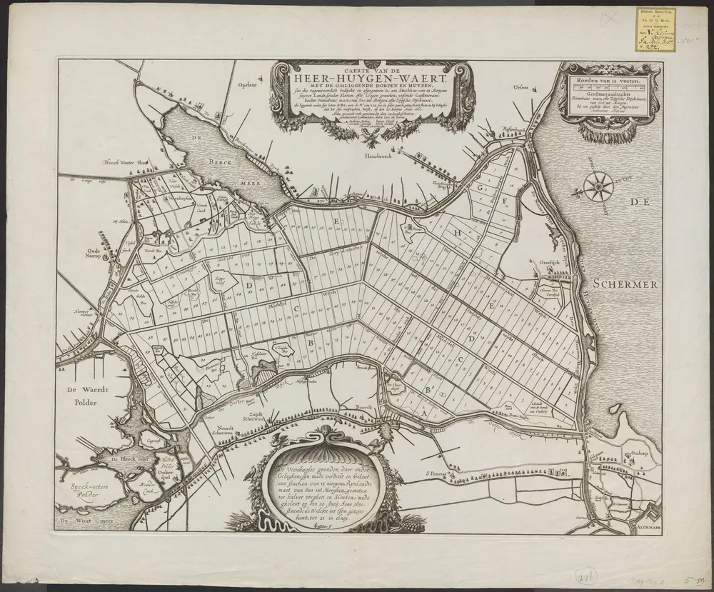 Caerte van de Heer-Huygen-Waert, met de omliggende dorpen en huysen, soo die tegenwoordich bedyckt en afgegraven is, ... op den 20. Junijus anno 1631